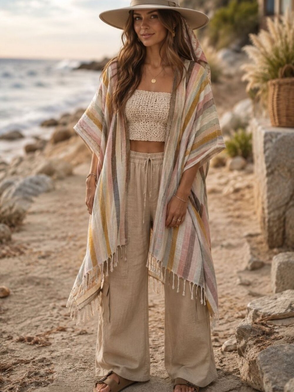 Aerie OS Striped Kimono Fringe Hem Lightweight Cotton Boho Coastal Neutral